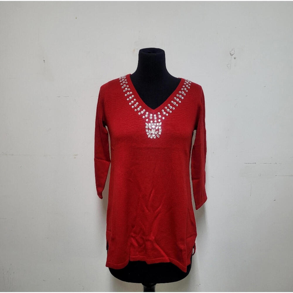 Iman Jeweled‎ Embellished "Touch of Cashmere" Sweater Tunic Red - Picture 2 of 12